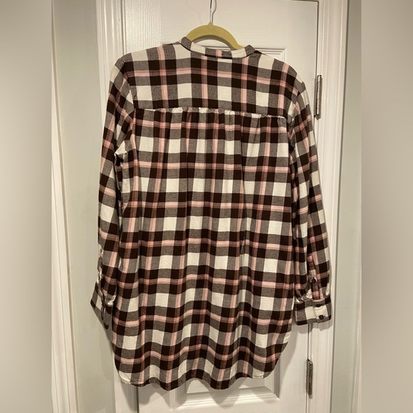 Lands End Size M Brown Pink Cotton Flannel Button Collarless Tunic Top Pockets - Picture 9 of 12